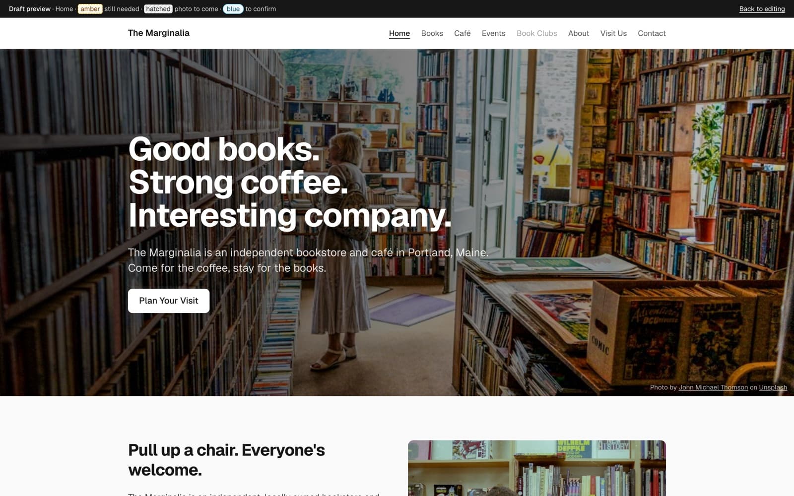 SiteDraft's draft preview of The Marginalia's home page: navigation, a full-width photo hero and the first section, with a bar explaining the gap markers.
