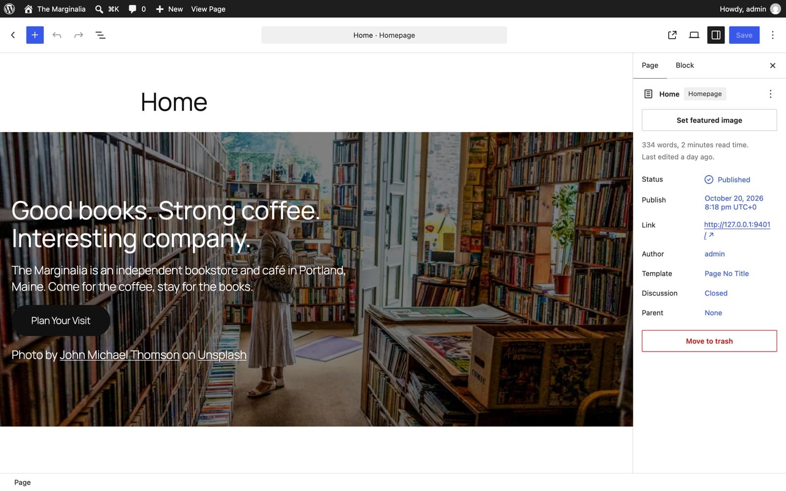 The same page open in the WordPress block editor: the hero is an ordinary Cover block, the page is published, and it uses the Page No Title template.