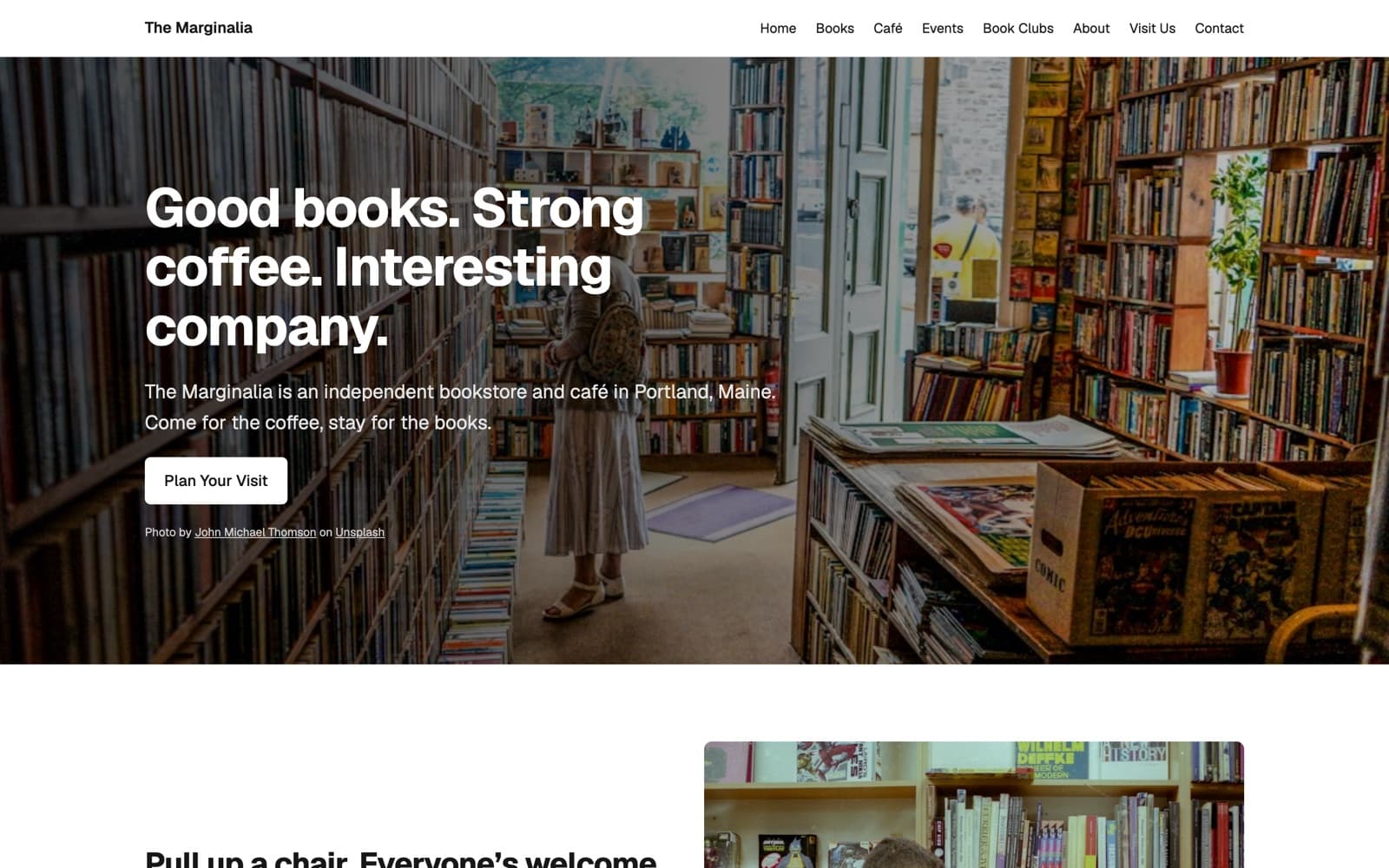 The Marginalia's home page in WordPress after importing the styled export with the SiteDraft Starter theme: bold headline, white button and photo credit over the hero photo.